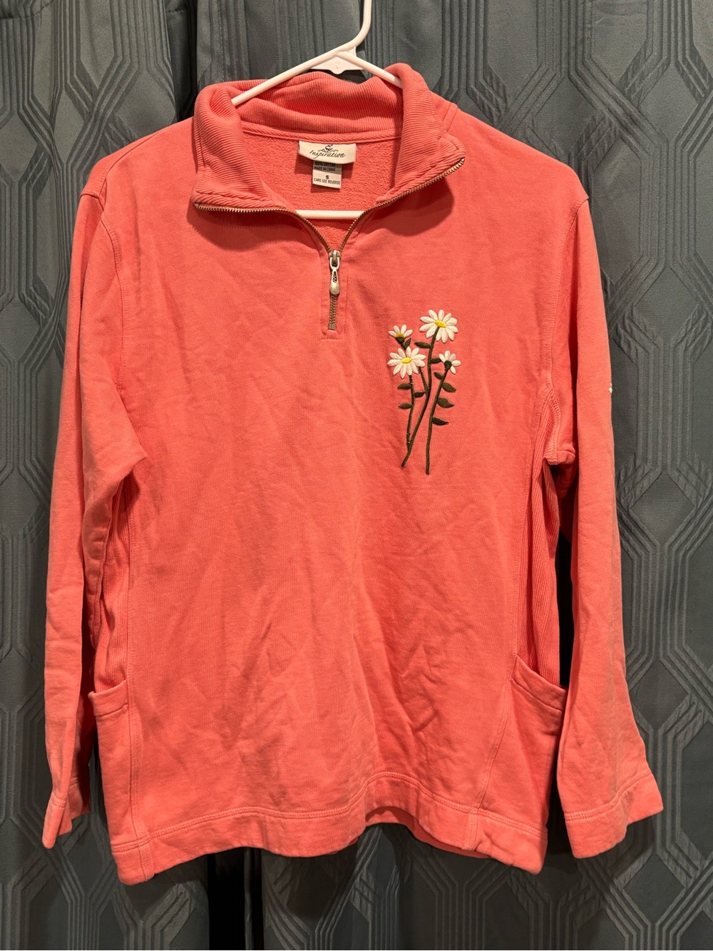 Coral Quarter-Zip Pullover with Daisy Patches